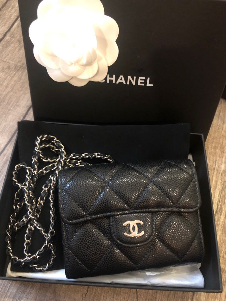 Chanel Black Caviar Leather Flap Card Holder With Chain