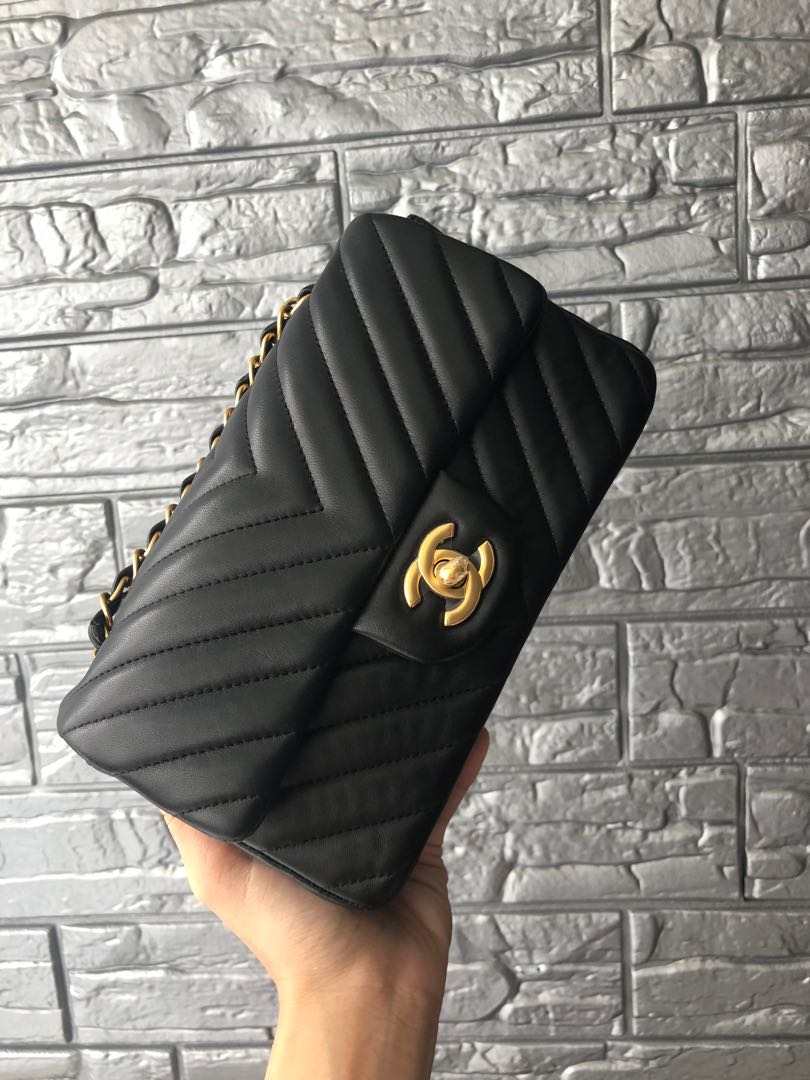 Chanel Chevron Mini Rectangular Black Lambskin GHW, Luxury, Bags & Wallets  on Carousell