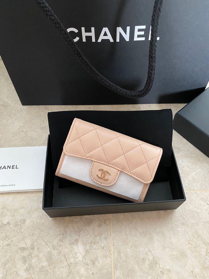 CHANEL Beige Caviar Classic Flat Card Holder Mini Wallet Card Case Claire  NWT