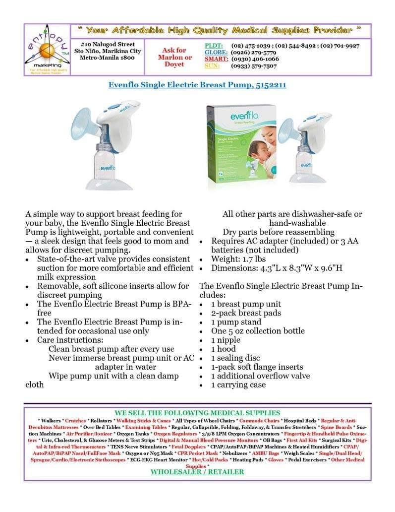 Evenflo Breast Pump US Quality (Category: Breastfeeding & Bottle Feeding) located in Marikina City. Submitted by entropymarketing (Listing ID 1129502561, Image 3). Description: Entropy Marketing sells Medical Supplies "Your Affordable High Quality Medical Supplies Provider Evenflo Single Electric Breast Pump Imported from USA Brandnew Php 995 The Evenflo Single Electric Breast Pump Includes: 1 breast pump unit 2-pack breast pads 1 pump stand One 