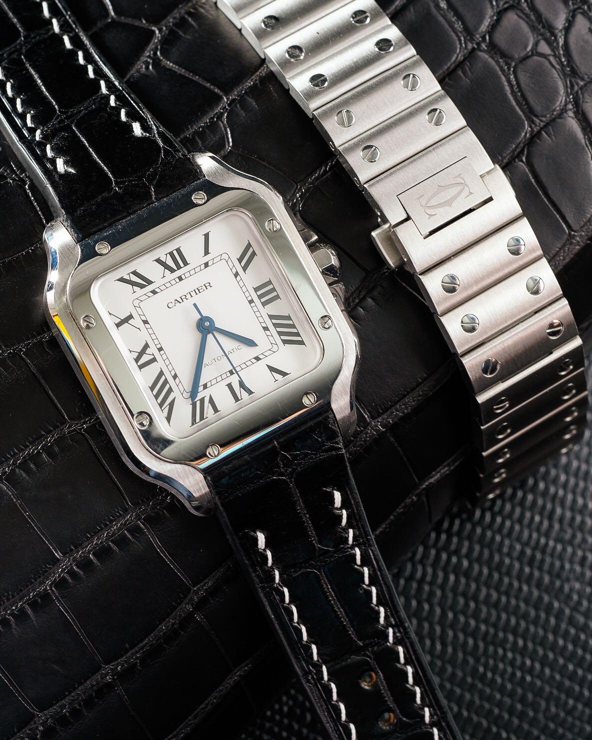 Cartier watch top black leather strap