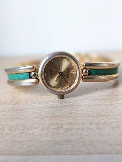 Polex vintage Golden plated watches with green leather straps