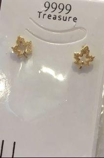 黃金純金9999時尚可愛楓葉耳環 葉子造型 重0.21錢 pure gold earrings 24k 9999