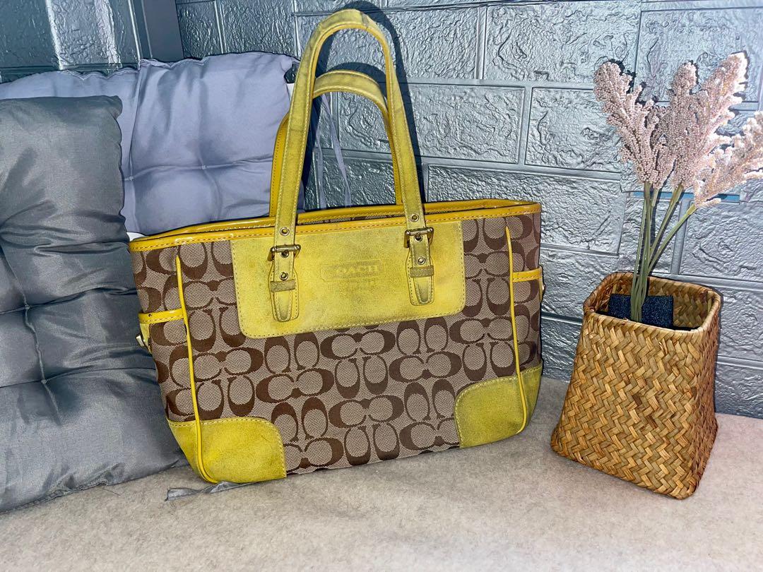 Authentic COACH Signature Tote Shoulder Bag 1443 Brown Canvas Yellow Suede