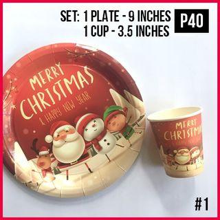 Christmas Paper Plates 9 Inches Cups Table Napkin Table Cover Decors Santa Snowman Tree Gold Dots Red Green