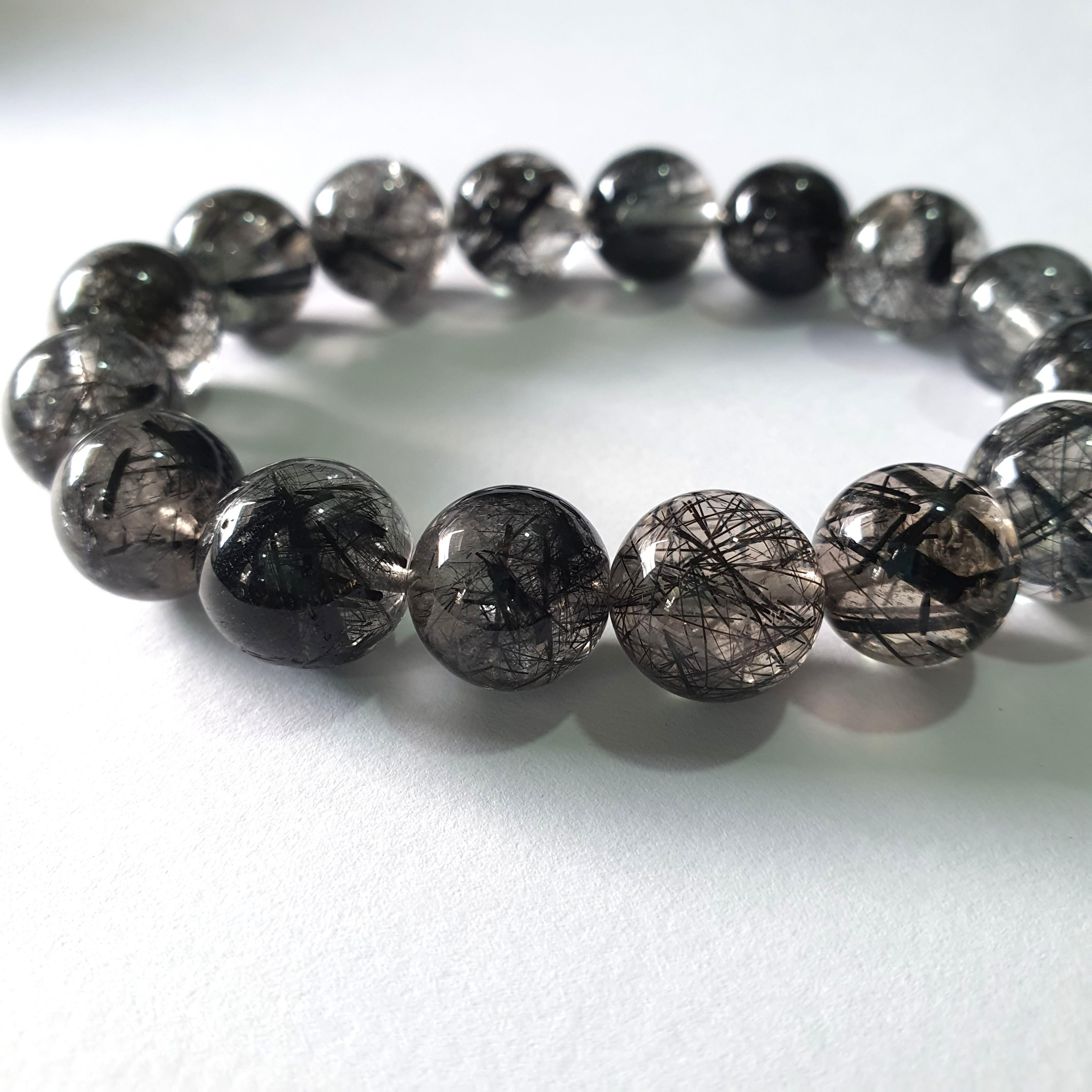 9 Inch Natural Black Rutile Quartz Faceted Drop Silver Link Chain bracelet  — Discovered