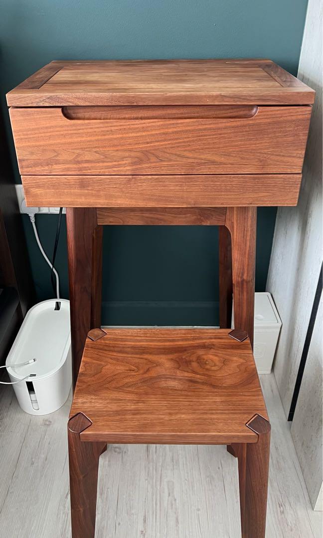 Solid Wood (Black Walnut) Dressing Table with stool, foldable mirror