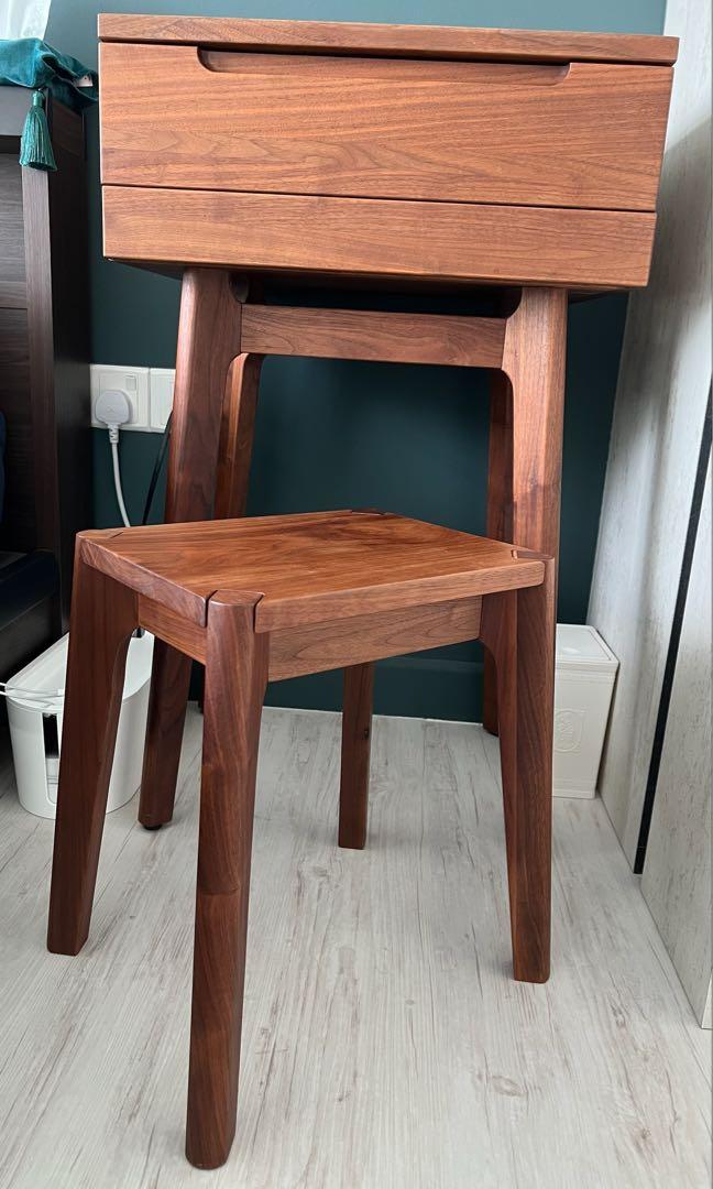 Solid Wood (Black Walnut) Dressing Table with stool, foldable mirror