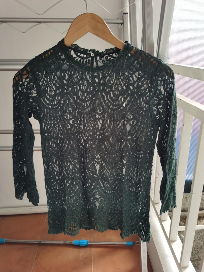Zara green lace top, Fesyen Wanita 
