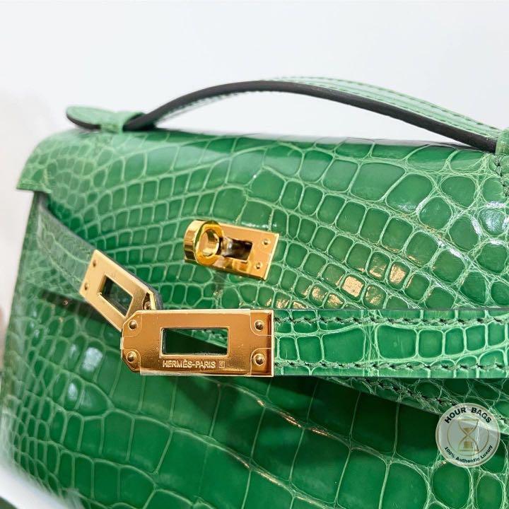 Hermes Kelly Pochette Clutch Vert Emerald Alligator Gold Hardware