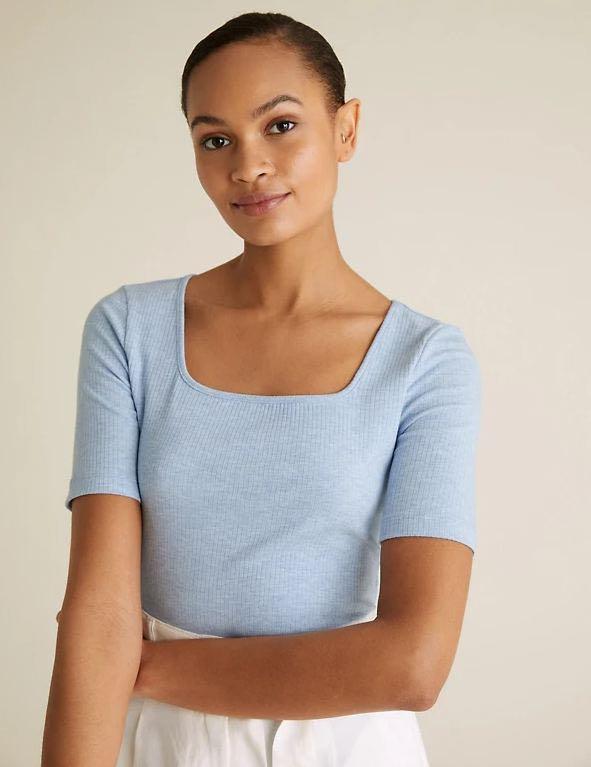 Baby Blue Ribbed Square Neck Crop Top, Women's Fashion, Tops, Other Tops on  Carousell