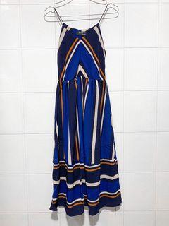 Blue Brown Striped Sleeveless Long Dress