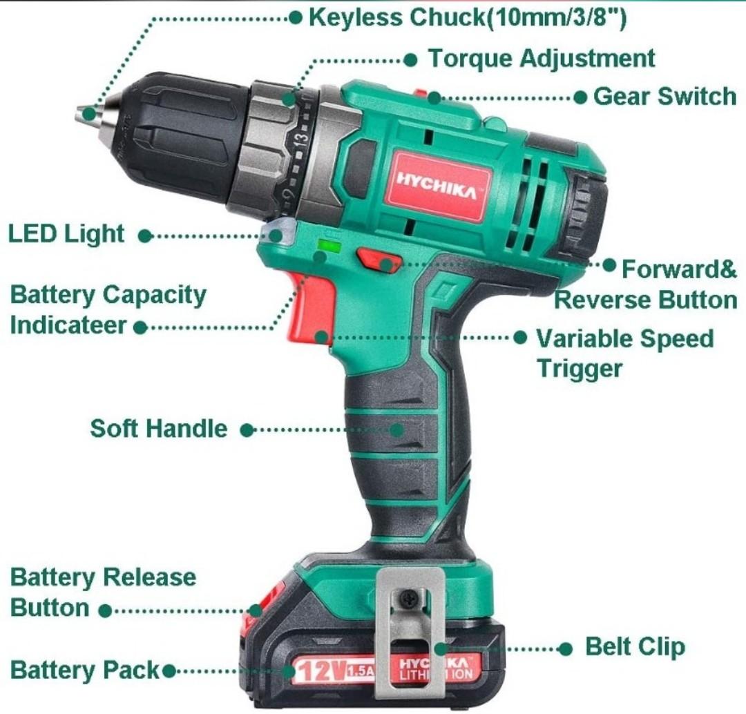 HYCHIKA 12V 18V Double Speed Electric Drill Cordless Hand Drill Mini  Electric Screwdriver Rechargable Lithium Battery Drill