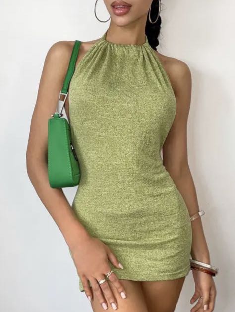 Halter Knit Backless Dress in XS Green 