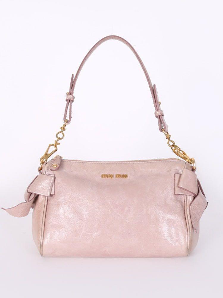 Auth Miu miu Handbag 2Way Shoulder Bag Pink Beige Leather Bow Ribbon Italy