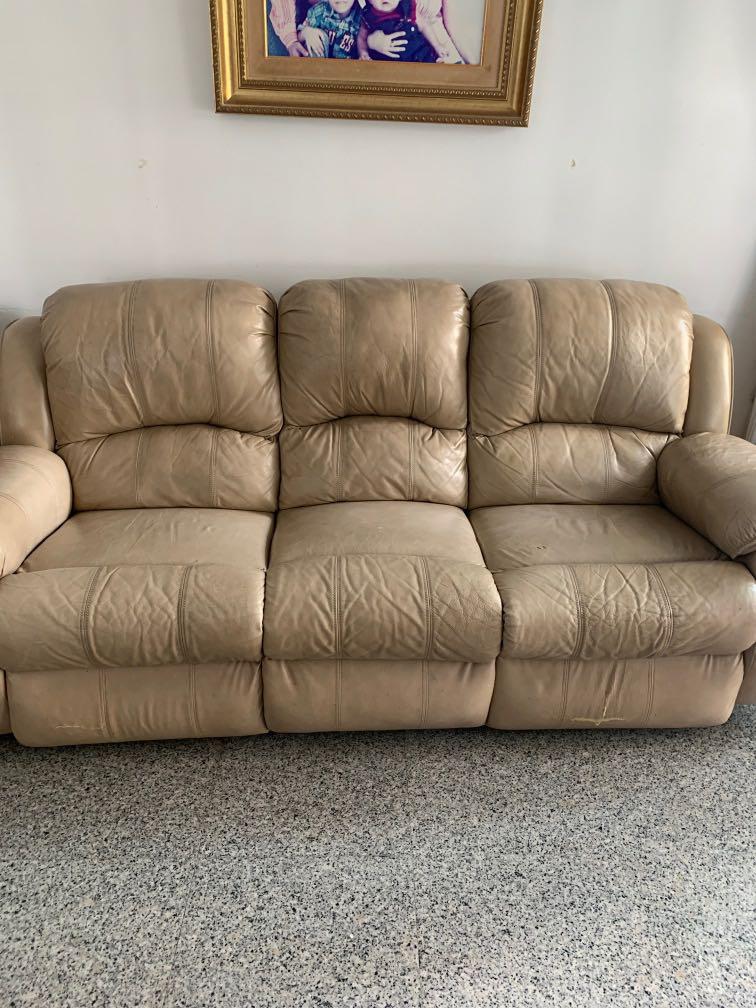 Pre loved half leather sofa with Two recliners, Furniture & Home Living