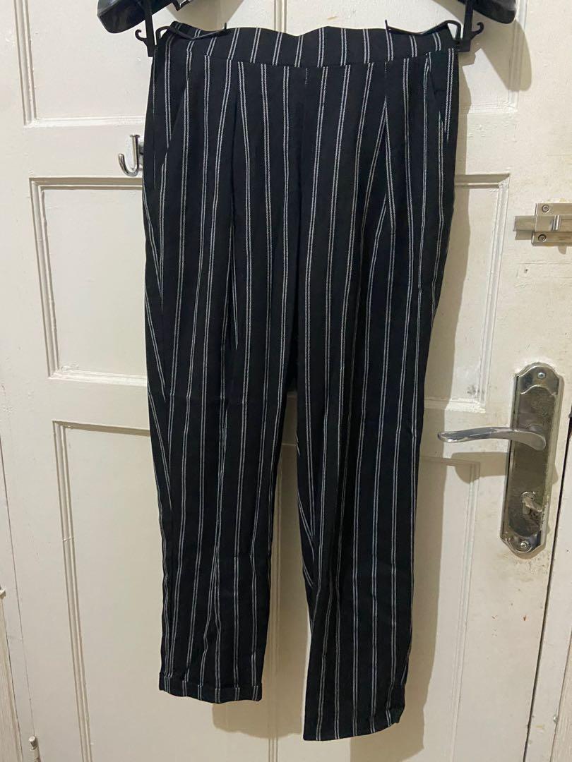stradivarius stripe pants black/ celana 