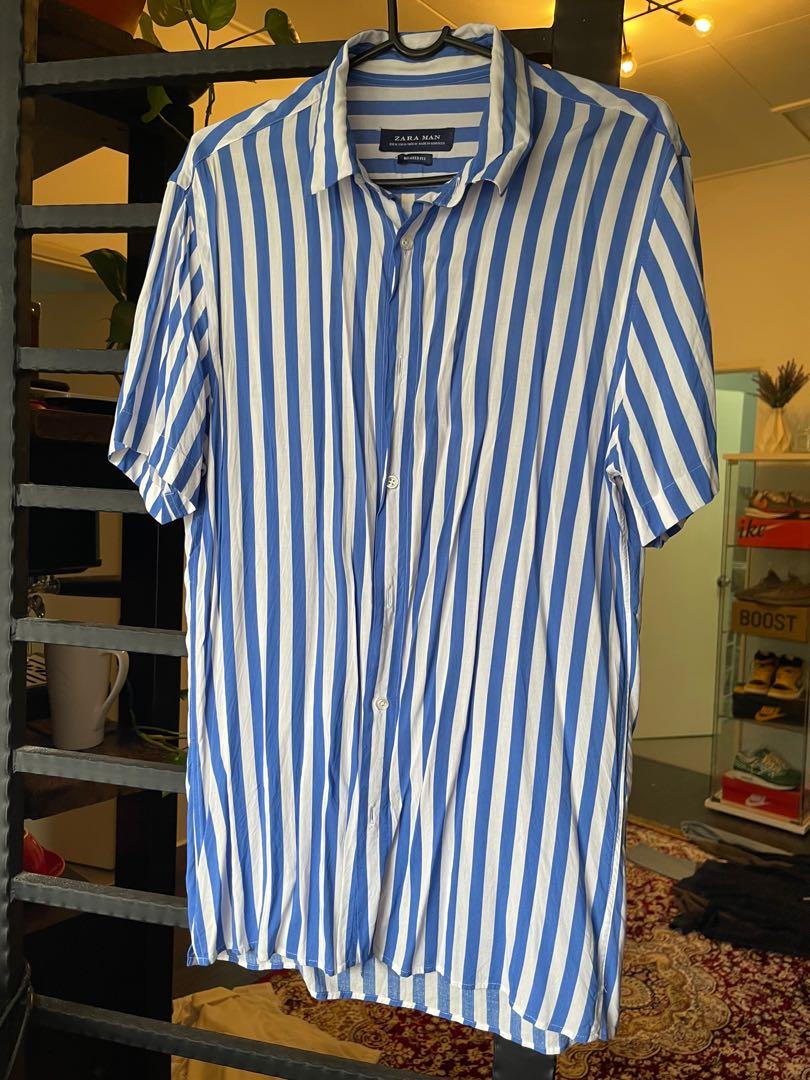zara men's blue and white striped shirt