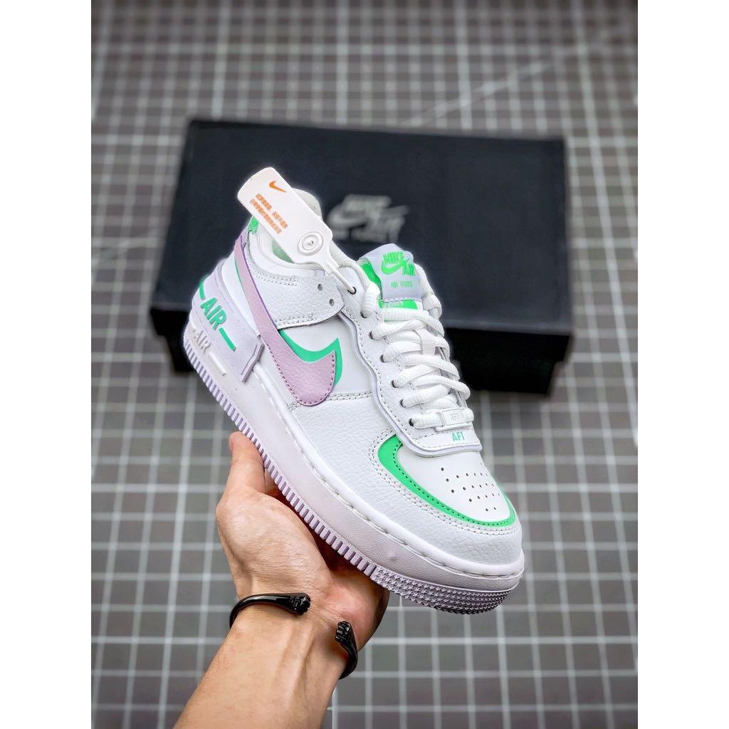 Purple and green air top force ones