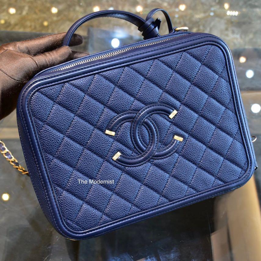 Authentic Chanel Filigree CC Large Vanity Case Blue Caviar Leather