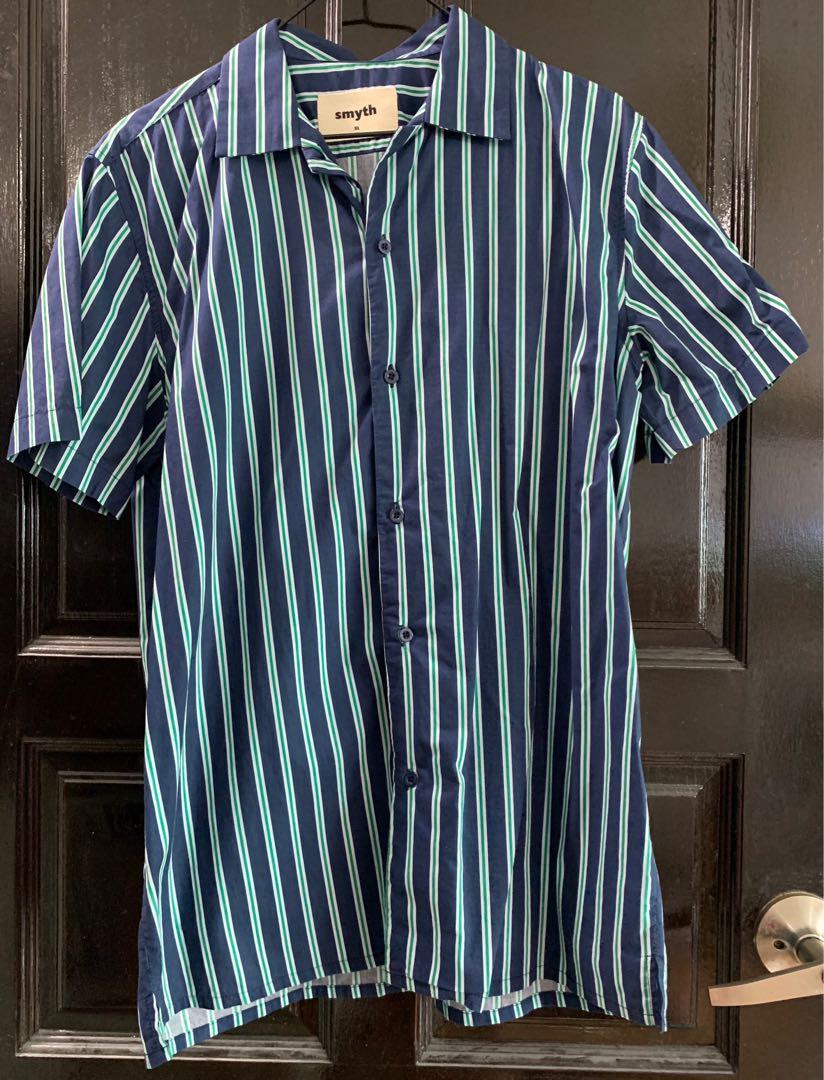 Blue-green-white striped button-up top 