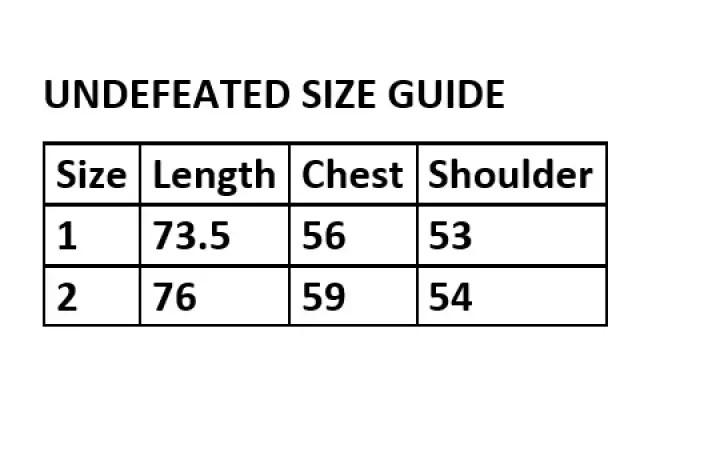 undefeated tee size chart