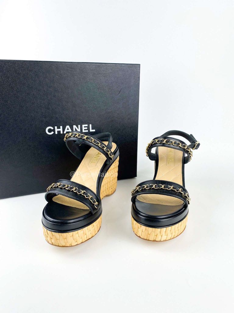 Chanel Calfskin Chain Wedge Sandals (Black) Size 38.5 EUR, Luxury, Sneakers  & Footwear on Carousell