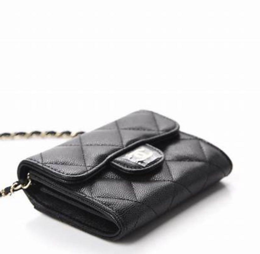 Chanel Classic Flap Card Holder with Chain (Black Caviar), 名牌