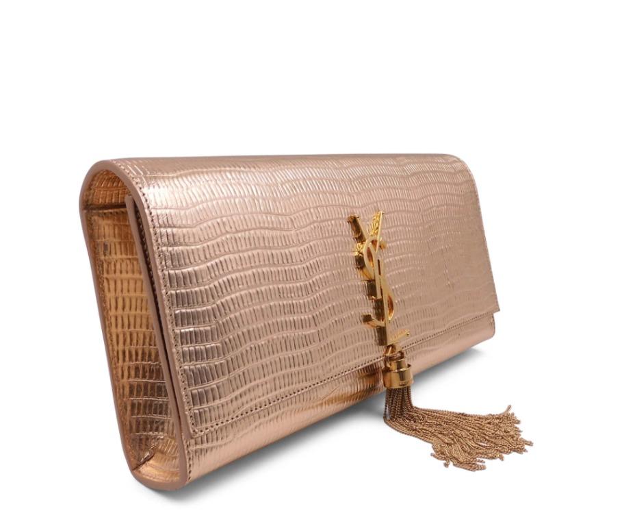 SAINT LAURENT Metallic Lizard Embossed Classic Monogram Kate Tassel Clutch  Gold 231737