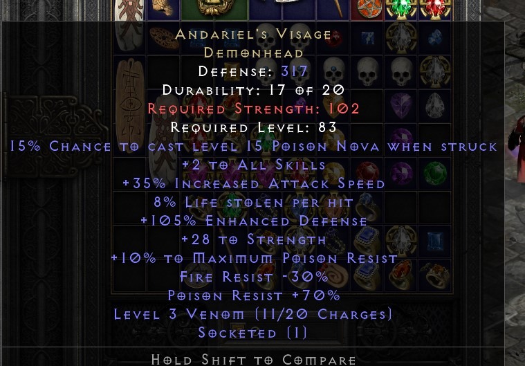Diablo 2 Andariel's Visage with 15 Ias Jewel Socketed, Video Gaming