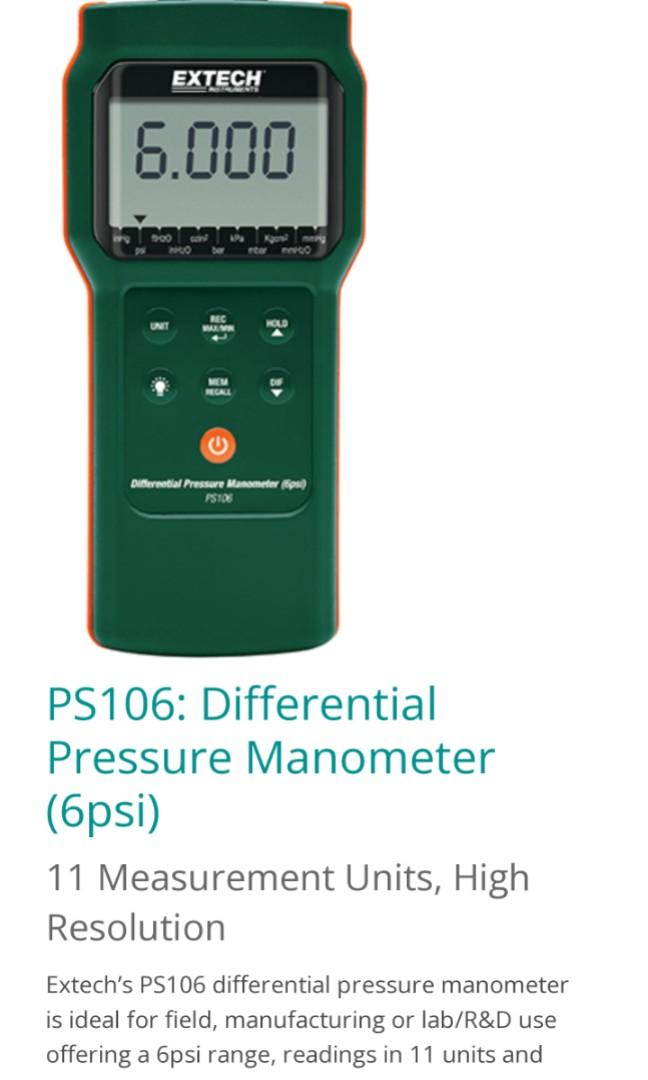 Differential Pressure Manometer Extech PS106 Memory Logger, Computers