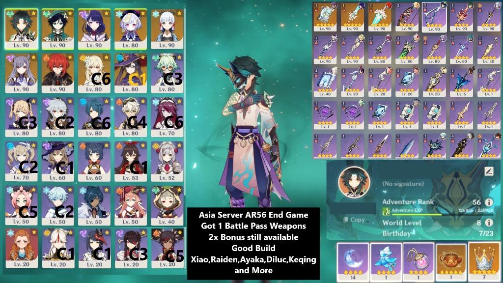 Genshin Impact Cheap Account Ar56 Xiao Venti Raiden Ayaka Qiqi Keqing Diluc Monac1 Lost Prayer Sky Spine Sky Pride 12 X 5 Video Gaming Gaming Accessories Game Gift Cards Accounts On Carousell