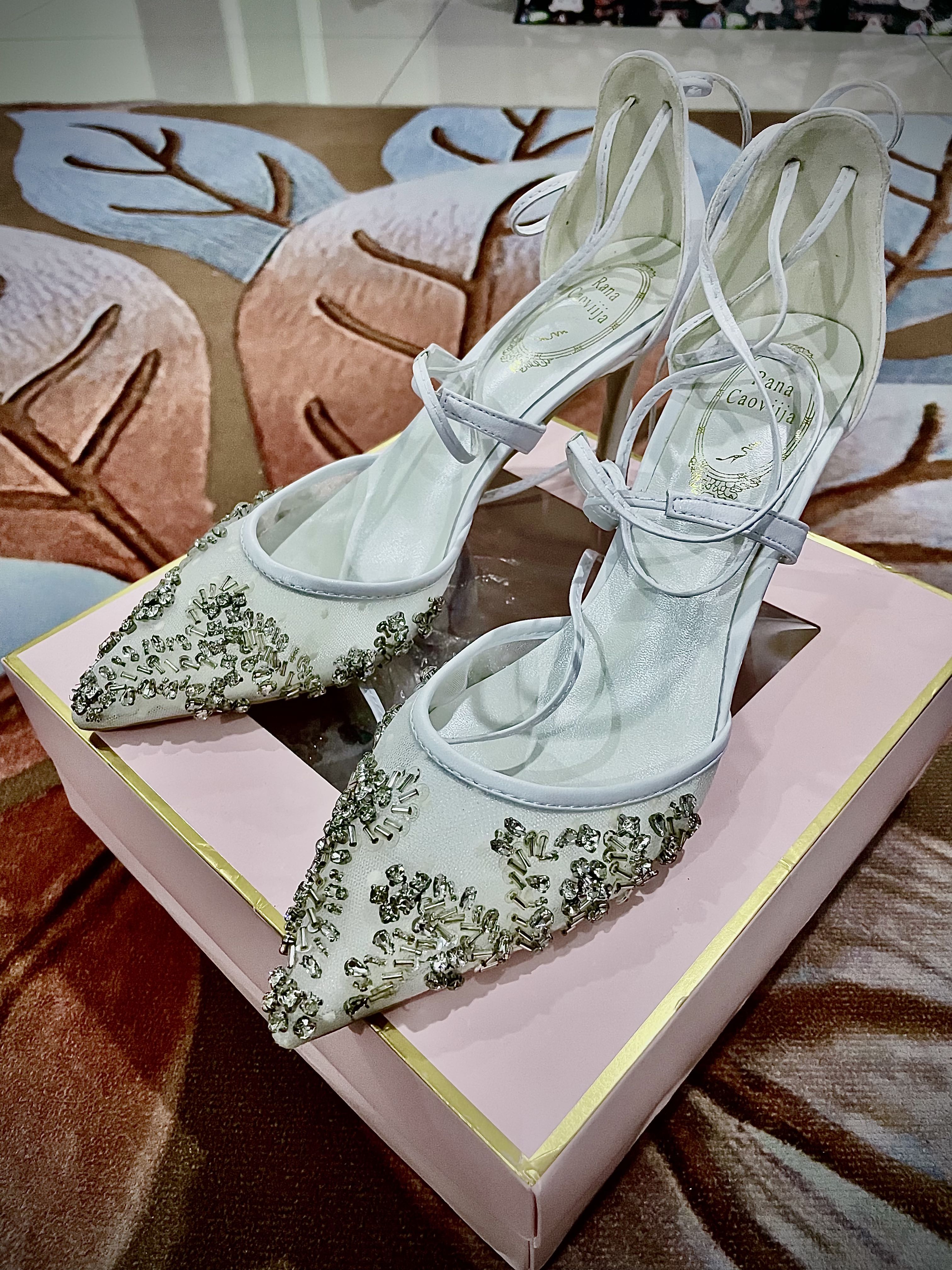 Perfect Bridal Eliza Ivory Satin Embellished Ankle Strap Kitten Heels