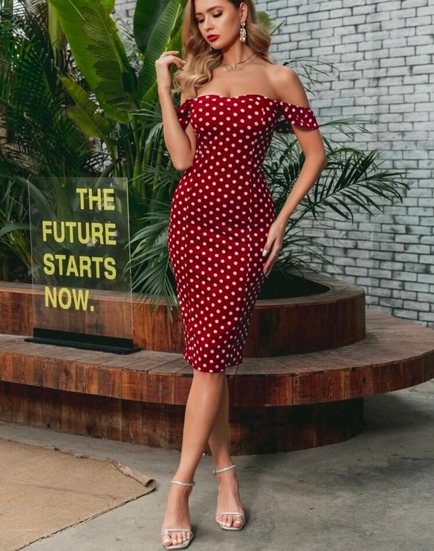 Red Off Shoulder Polka Dot Dress