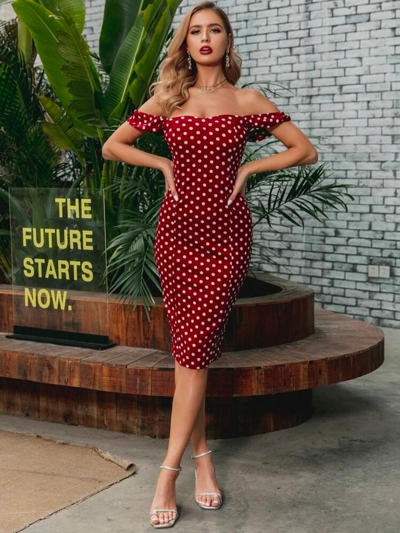 Red Off Shoulder Polka Dot Dress