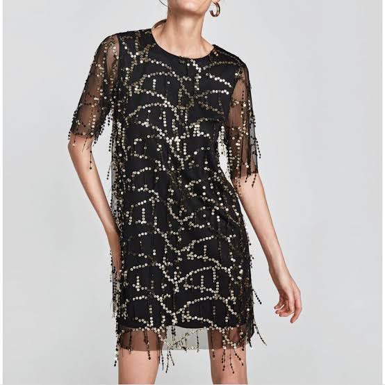 Zara Black Gold Fringe Dress, Fesyen Wanita, Pakaian Wanita, Gaun & Rok