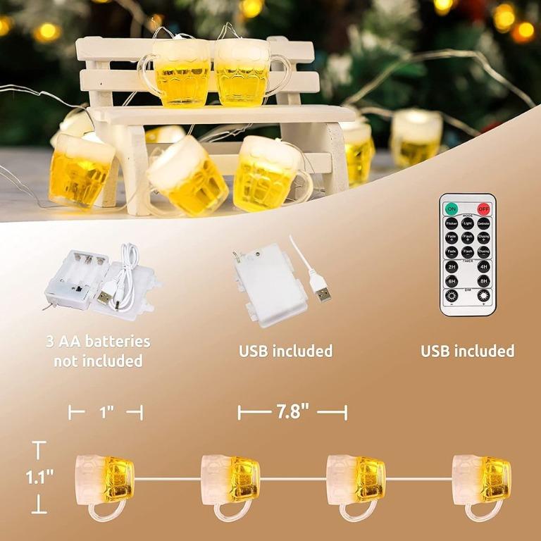 (2 SET 100)啤酒形LED燈串 3D Beer Mug String Lights 15 LED with Remote