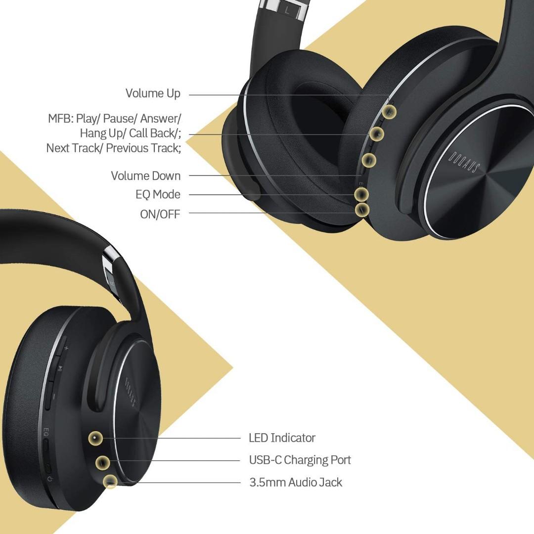 A356 DOQAUS Bluetooth Headphones Over Ear 52 Hrs Playtime Wireless Headphones 3 EQ Modes Foldable Hi Fi Stereo Bass Headphones Soft Memory Protein Earmuffs Built in Mic Wired Mode for Phone PC TV Audi...