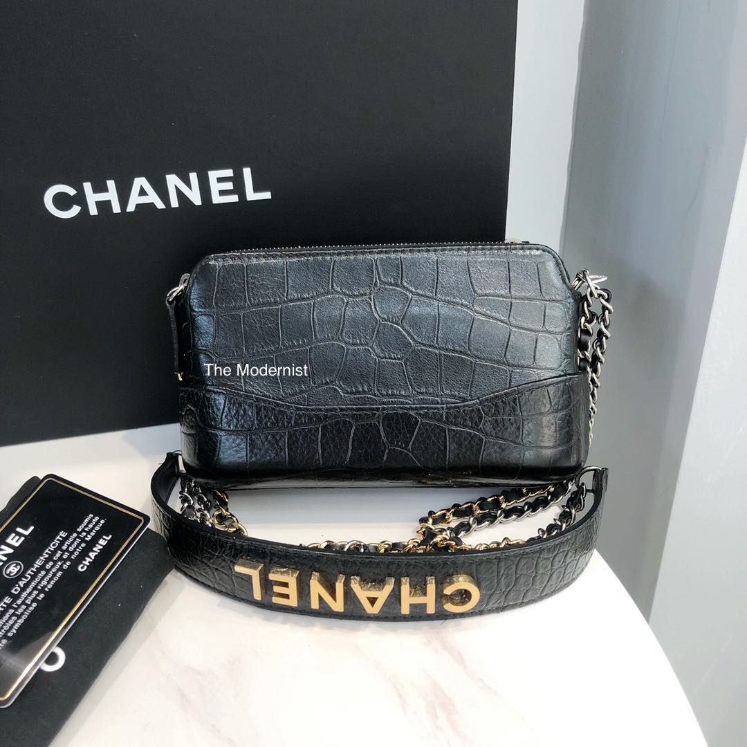 Chanel Croc-Embossed Gabrielle Clutch With Logo Strap