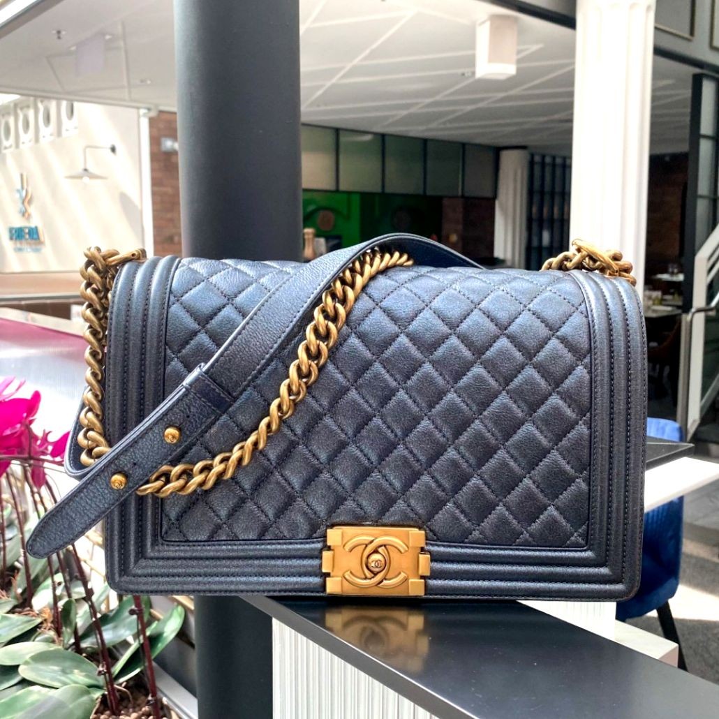 Chanel boy New Medium Iridescent Dark Greyish blue AGHW, Women's Fashion,  Bags & Wallets, Shoulder Bags on Carousell