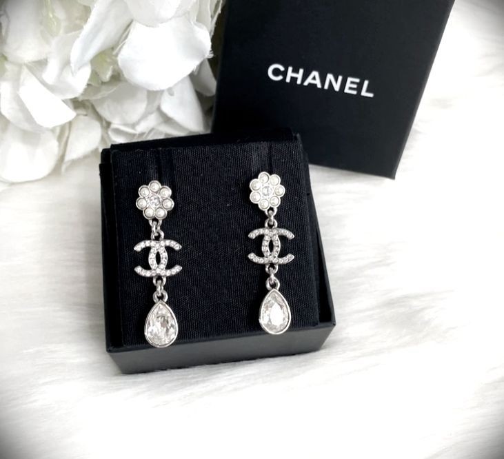 CHANEL Camellia GOLD CC Metal Stud Pearl Crystal Dangle Earrings - Bellisa