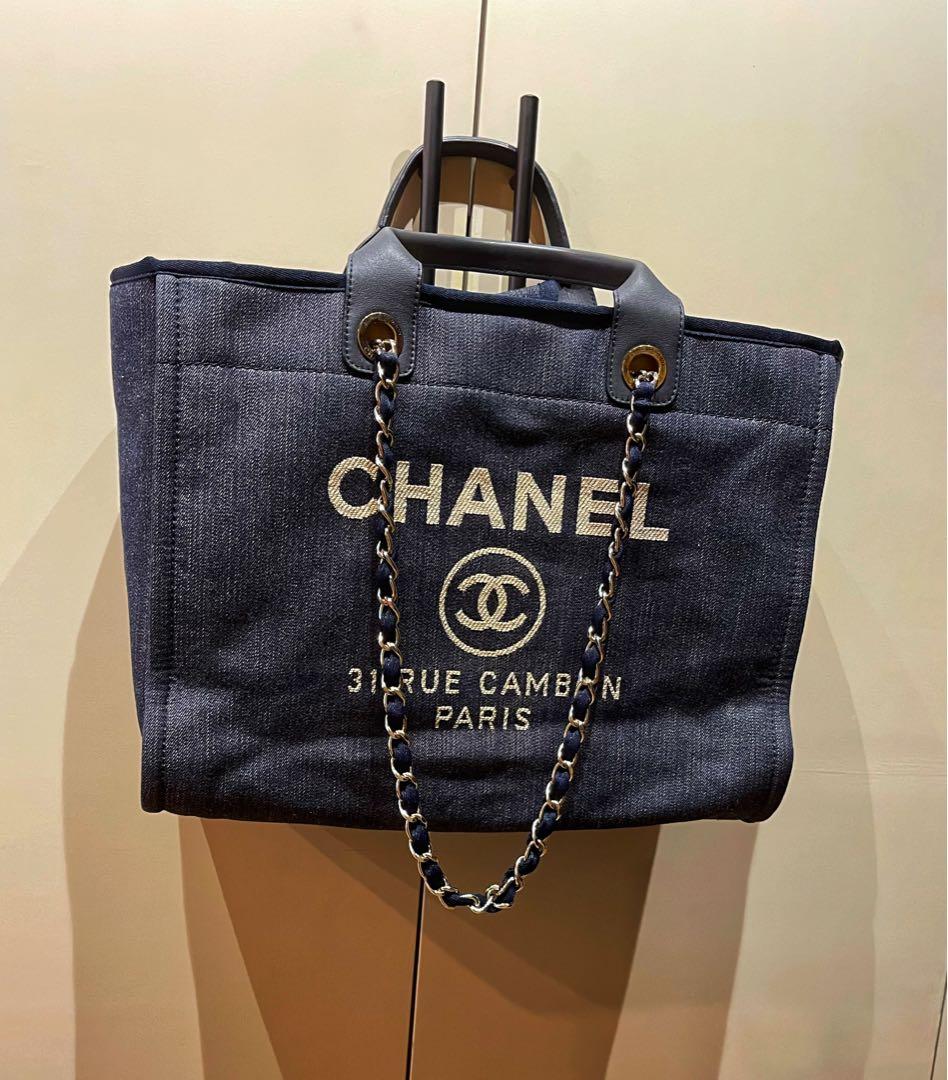 Guarantee Authentic Chanel Blue Denim and Leather Deauville Bowling Chain Shoulder Tote Bag