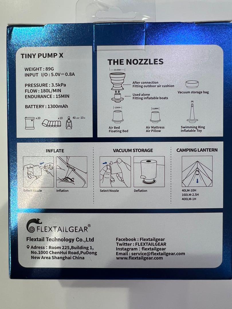 Flextailgear Tiny Pump （分類：行山及露營）位於 Hong Kong。 由 fatfatboy660 提交（商品編號 1130307525，圖片 2）。簡介： 迷你輕便版氣泵，小、輕、強，只有一隻雞蛋的大小及只重89g，露營旅行必備產品。Tiny Pump 可以實現快速充氣及抽氣，節約50%以上的收納空間，給戶外裝備及衣物收納節省大量時間和空間 內置1,300mah鋰電池，使用USB Type-C充電口 配備4種不同氣嘴，用途更廣泛，適用於水泡、充氣玩具、充氣床墊、真空壓縮袋等。 特設抽氣功能，可抽走地墊空氣，亦可作衣物真空袋抽氣用，節省空間。 產品特點: -抽氣、充氣兩用，家庭必備產品 -超輕量設計，僅重89g，便攜度再度提升 -約掌心左右大小，甚至還小。 -全新開發特製充氣接頭，適合市面上不同充氣產品，如：地墊，浮床，游泳圈等~ -平均一般單人充氣地墊太約一分鐘就可充滿 -電力全滿的狀態可充滿約10個戶外床墊，真空收納可節省50%的空間。 -設抽氣功能，可快速抽