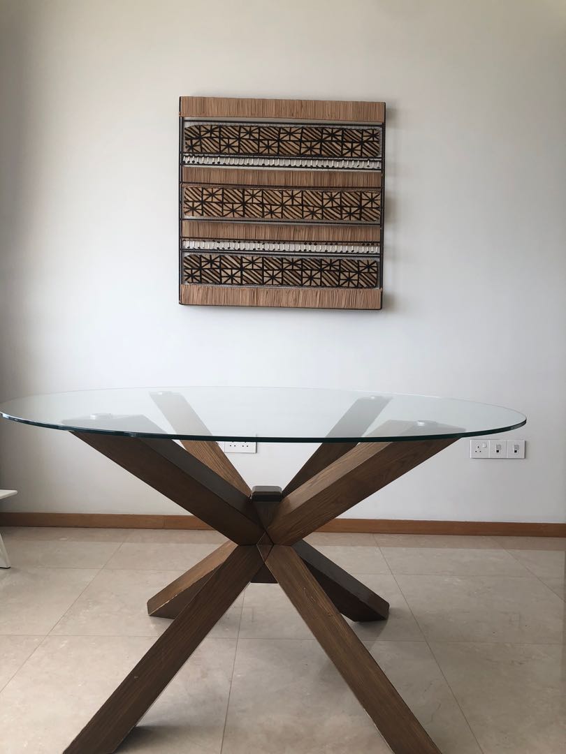 Glass round table with wooden legs, Furniture & Home Living, Furniture