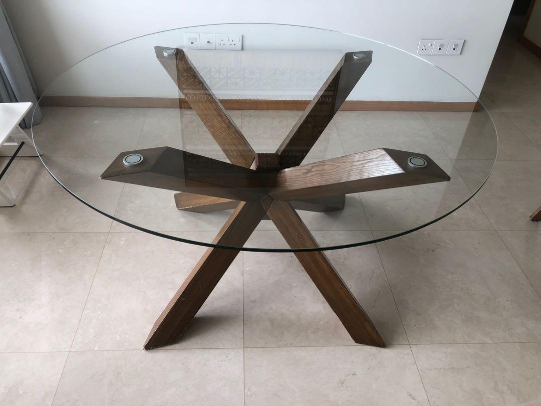 Glass round table with wooden legs, Furniture & Home Living, Furniture