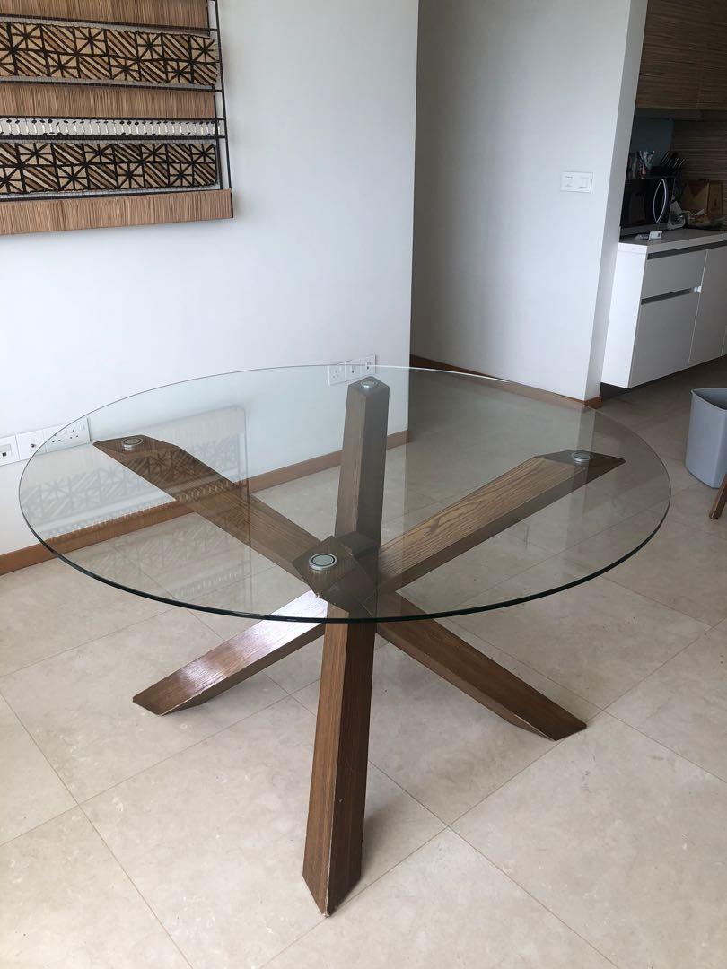 Glass round table with wooden legs, Furniture & Home Living, Furniture