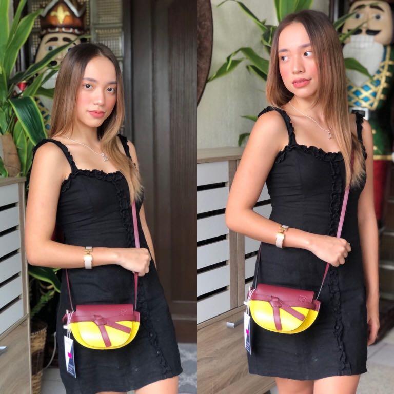 Loewe Small Gate Colour Block Crossbody Bag In Wine yellow. Made in Spain. With Certificate of Authentication From ENTRUPY
