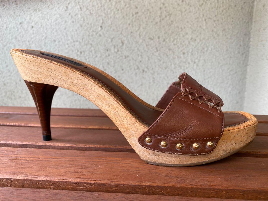 LV Brown Leather Wood Slide Sandals