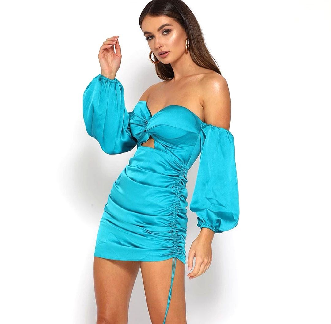 Neon Turquoise Satin Bustier Bodycon Dress With Side Drawstrings Women S Fashion Dresses