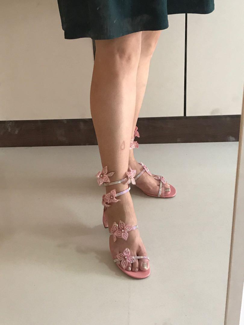 Rene Caovilla Pink Satin lace crystal Floral Sandal